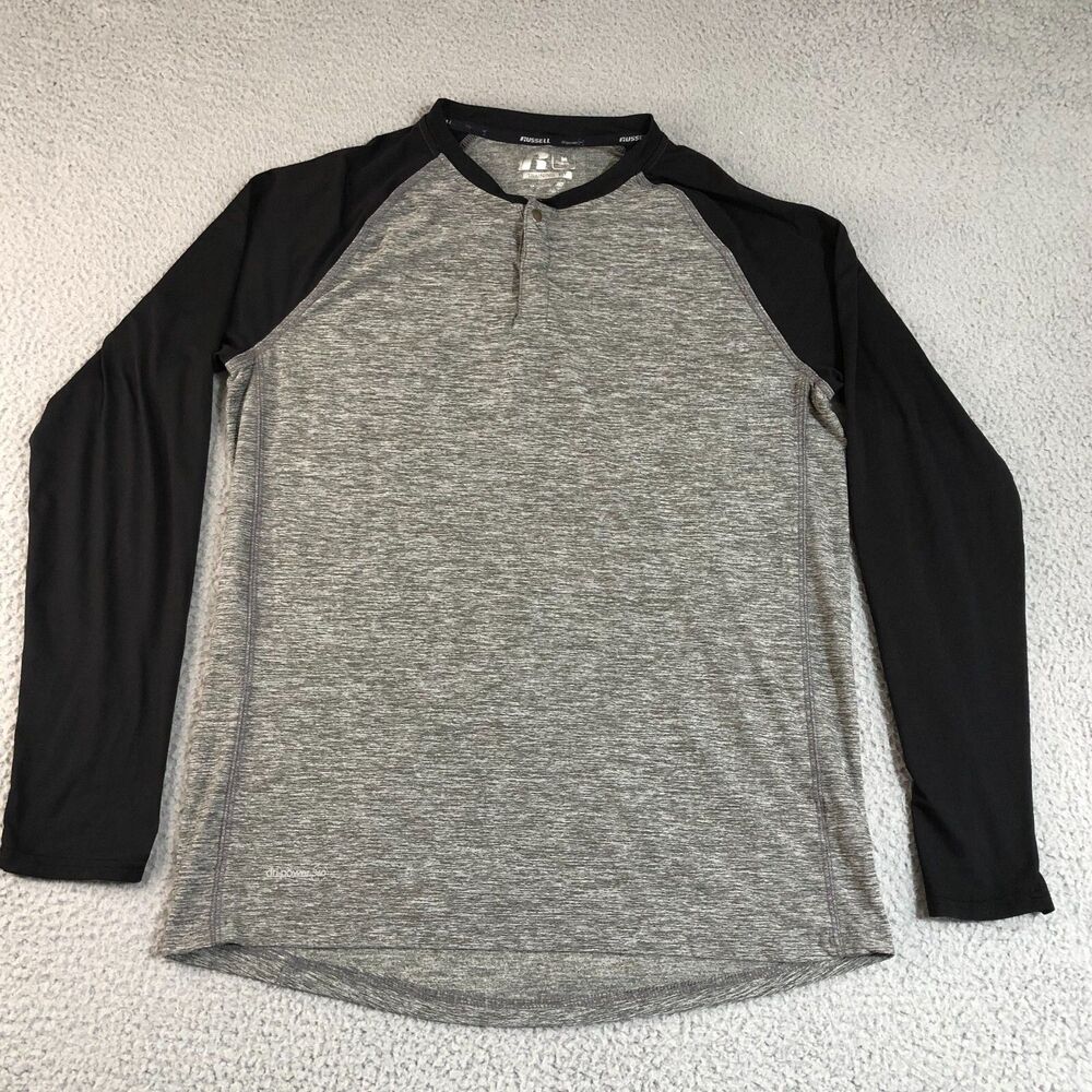 Russell Shirt Men Medium Gray Dri-Power 360 Training Fit Henley Neck Long Sleeve
